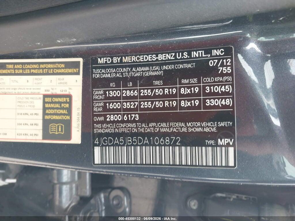 4JGDA5JB5DA106872 2013 MERCEDES-BENZ ML 350 photo no. 9