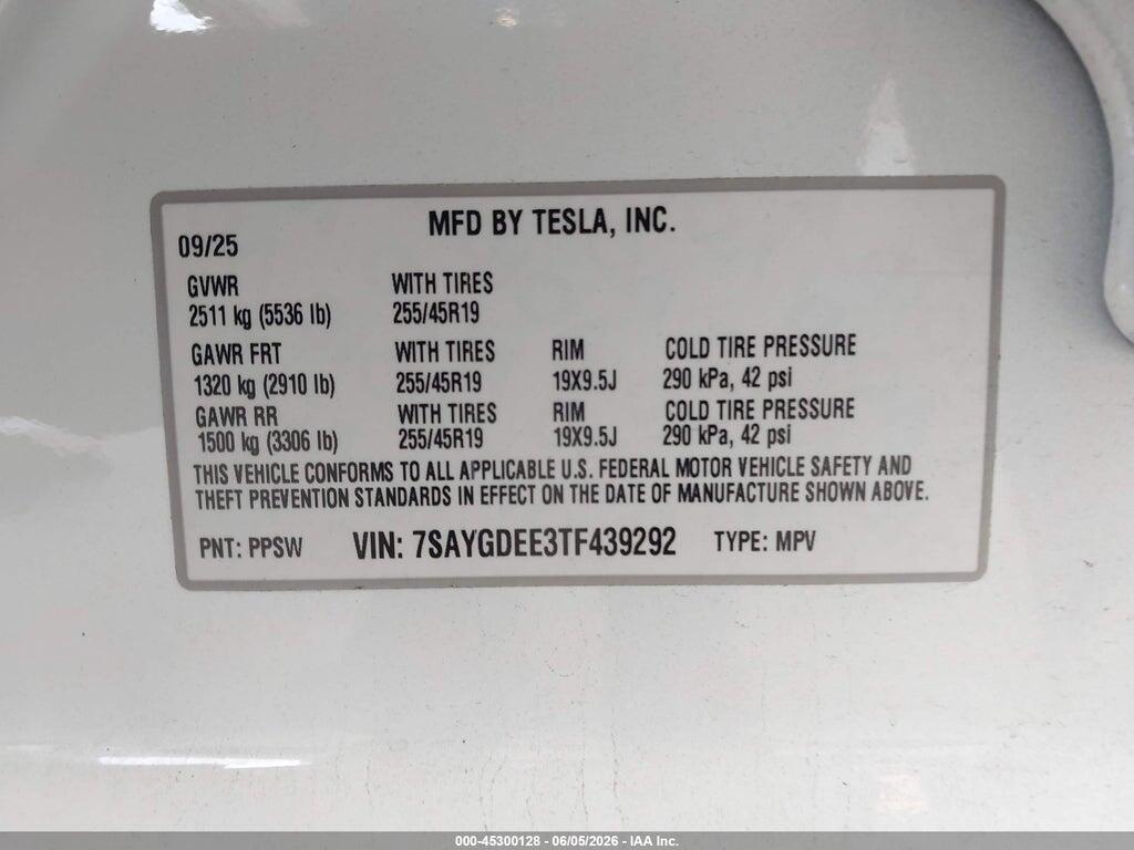 7SAYGDEE3TF439292 2026 TESLA MODEL Y photo no. 9