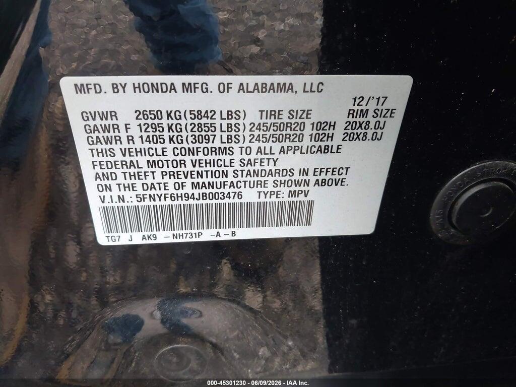 5FNYF6H94JB003476 2018 HONDA PILOT photo no. 9