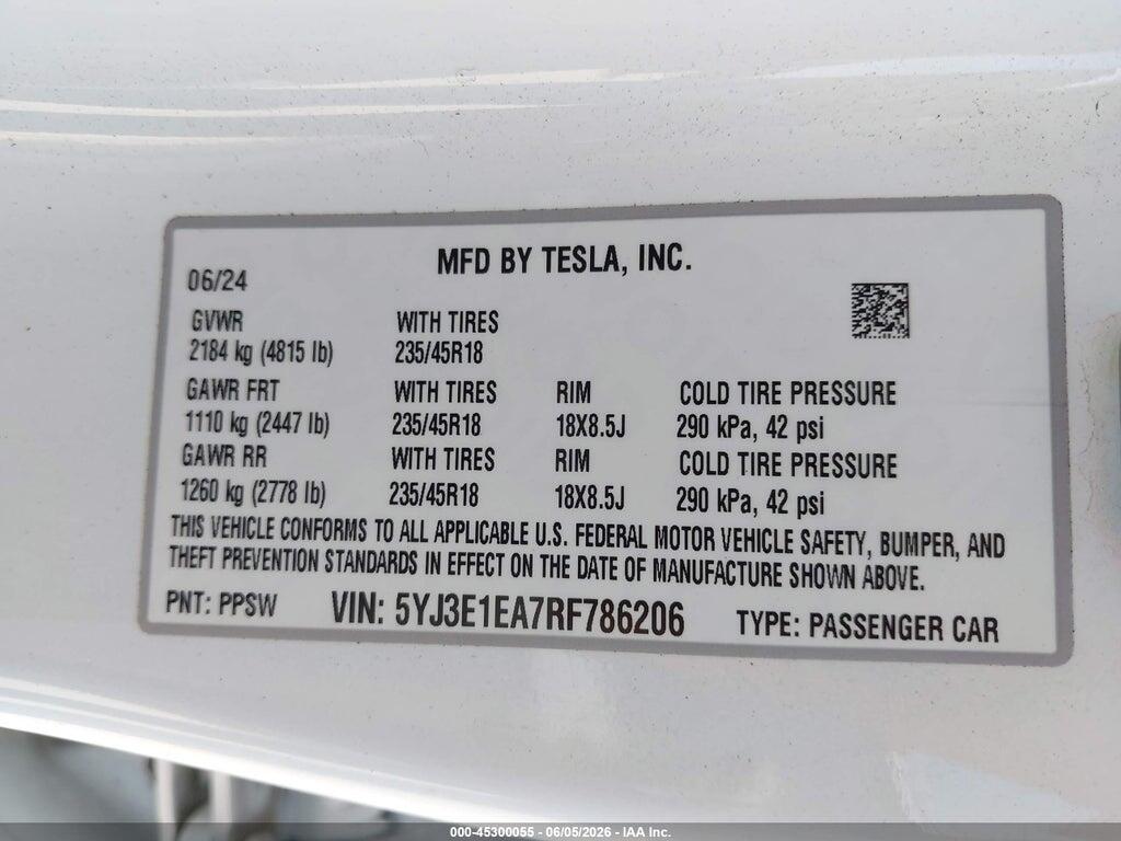 5YJ3E1EA7RF786206 2024 TESLA MODEL 3 photo no. 9