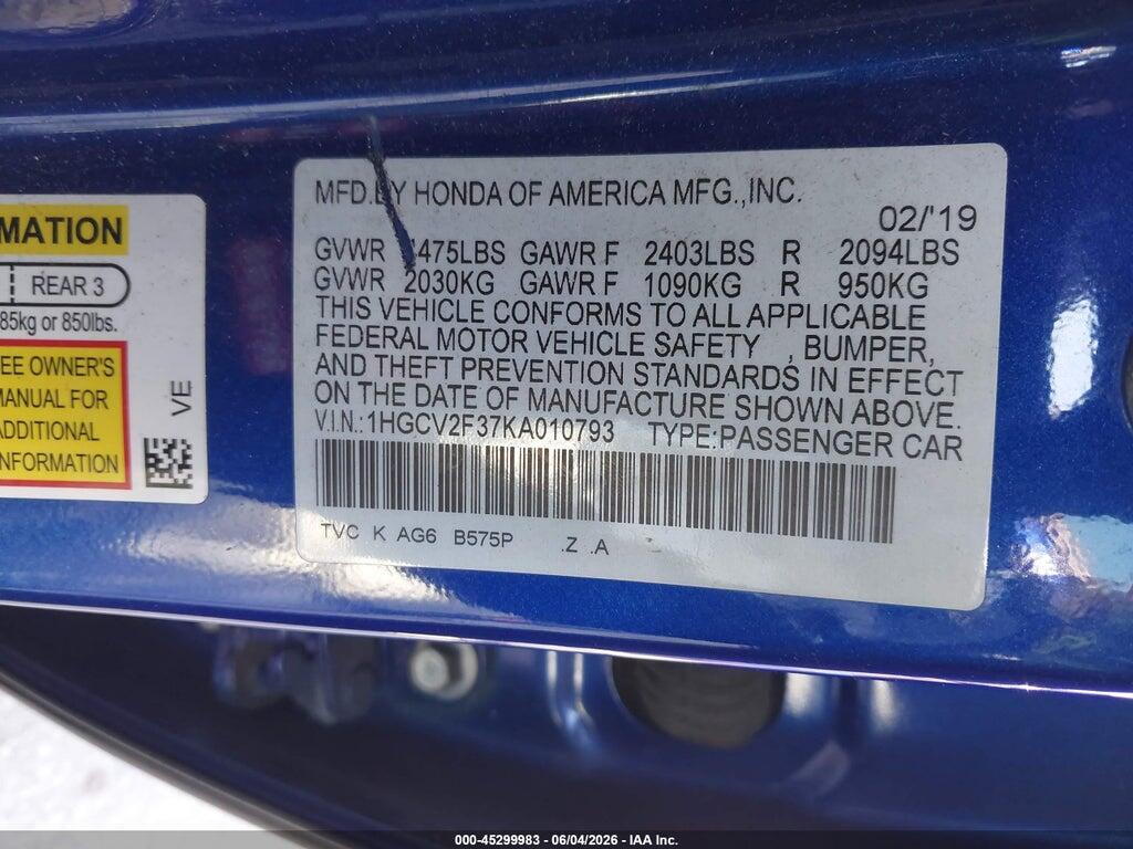 1HGCV2F37KA010793 2019 HONDA ACCORD photo no. 9