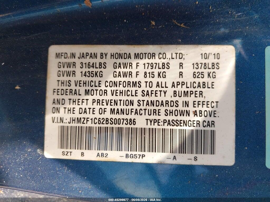 JHMZF1C62BS007386 2011 HONDA CR-Z photo no. 9