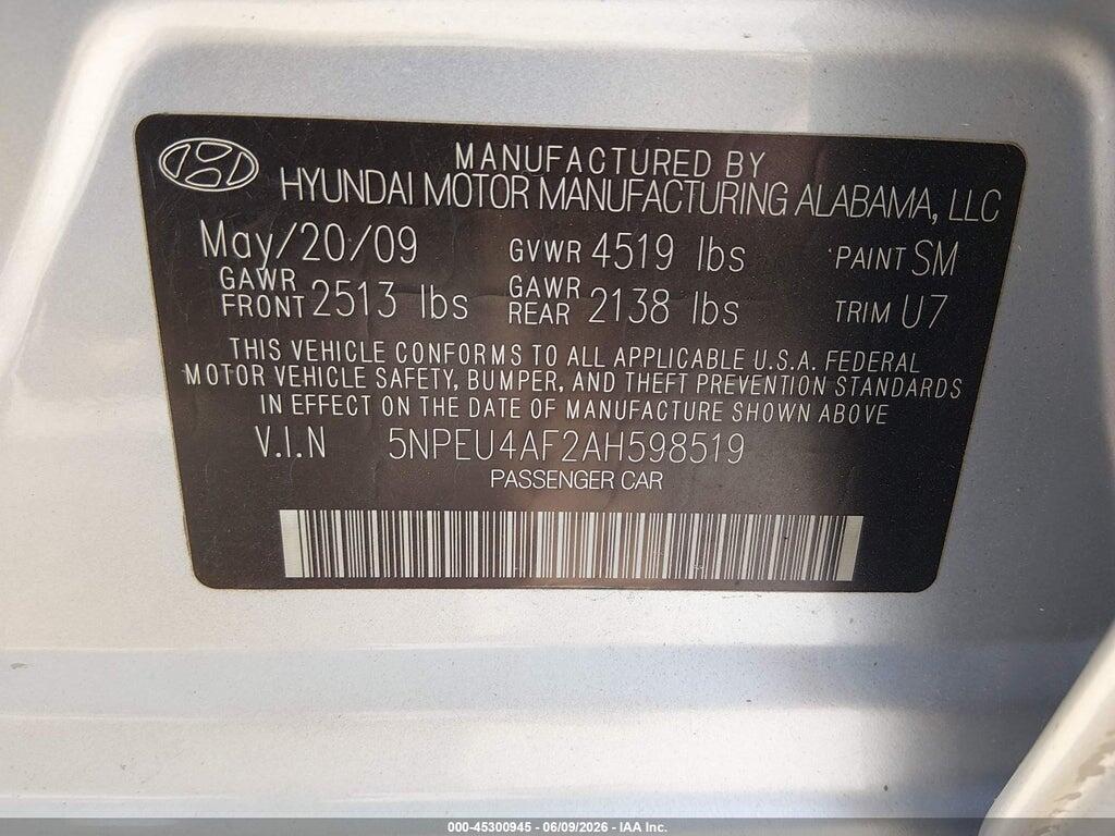 5NPEU4AF2AH598519 2010 HYUNDAI SONATA photo no. 9