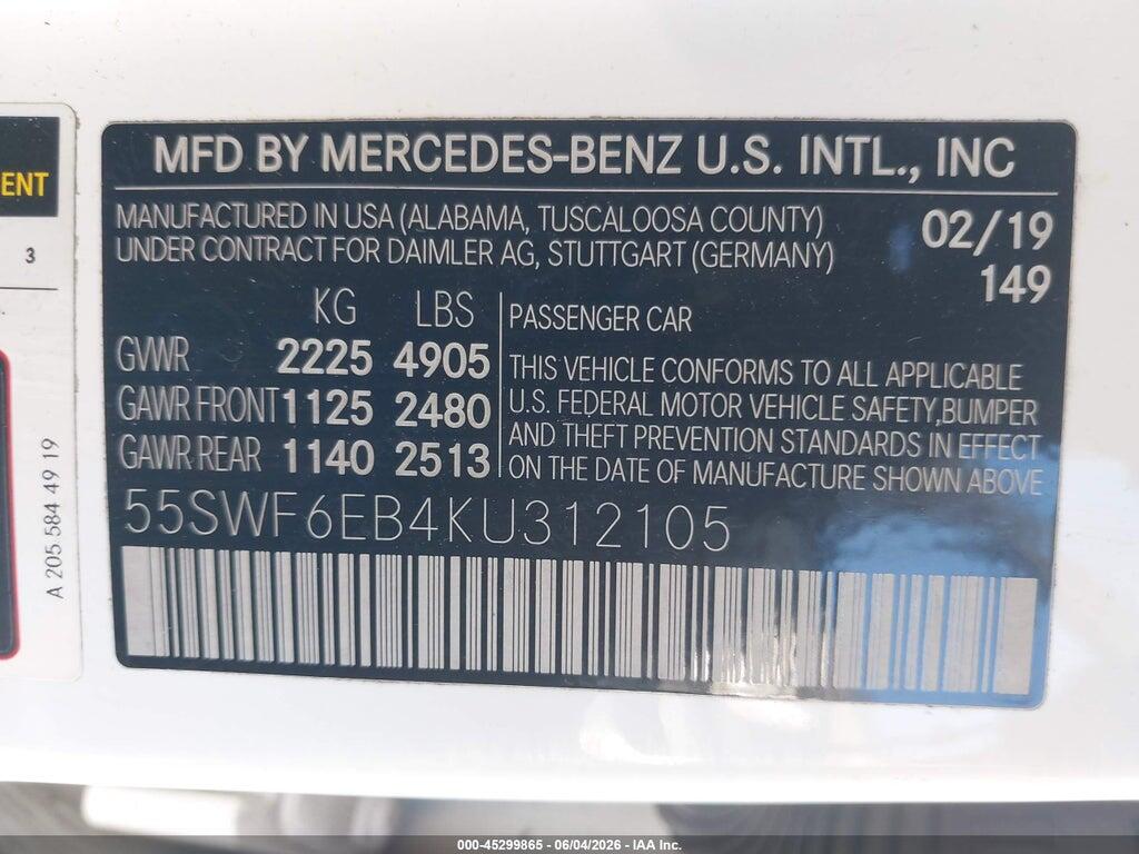 55SWF6EB4KU312105 2019 MERCEDES-BENZ AMG C 43 photo no. 9