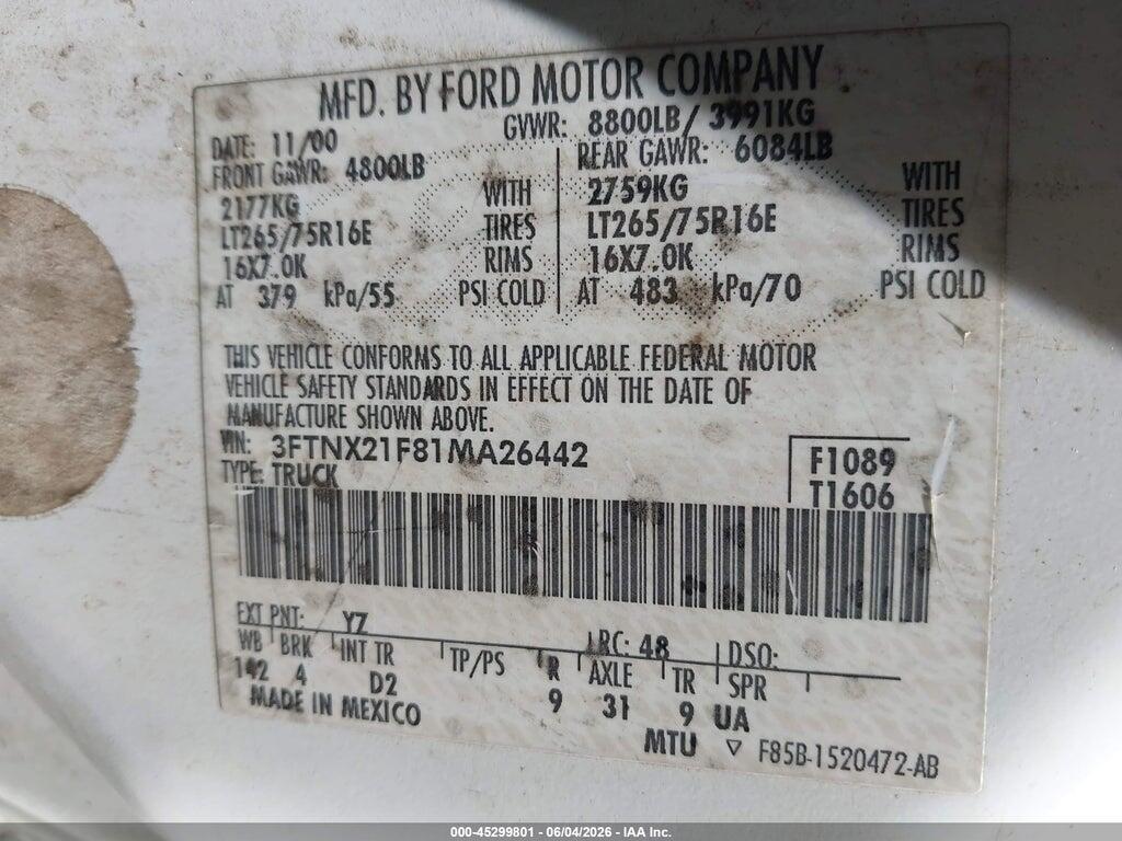 3FTNX21F81MA26442 2001 FORD F-250 photo no. 9