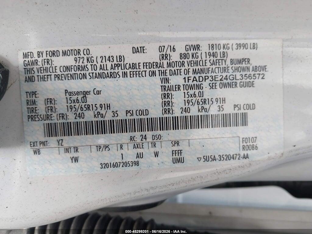 1FADP3E24GL356572 2016 FORD FOCUS photo no. 9