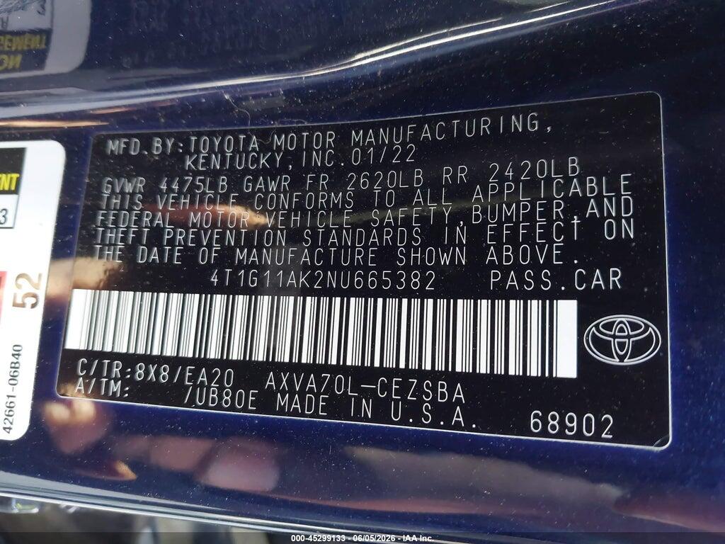 4T1G11AK2NU665382 2022 TOYOTA CAMRY photo no. 9