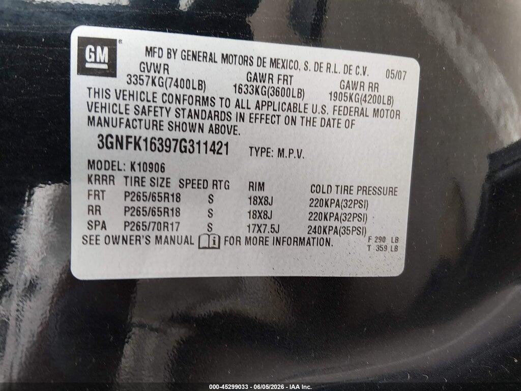3GNFK16397G311421 2007 CHEVROLET SUBURBAN 1500 photo no. 9