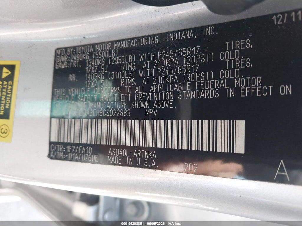 5TDZA3EH8CS022883 2012 TOYOTA HIGHLANDER photo no. 9