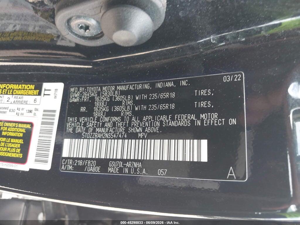 5TDZZRAH2NS547474 2022 TOYOTA HIGHLANDER photo no. 9