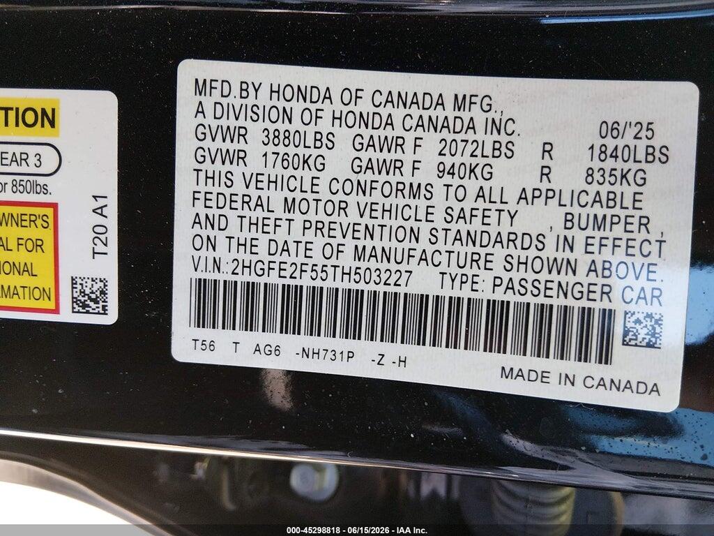 2HGFE2F55TH503227 2026 HONDA CIVIC photo no. 9