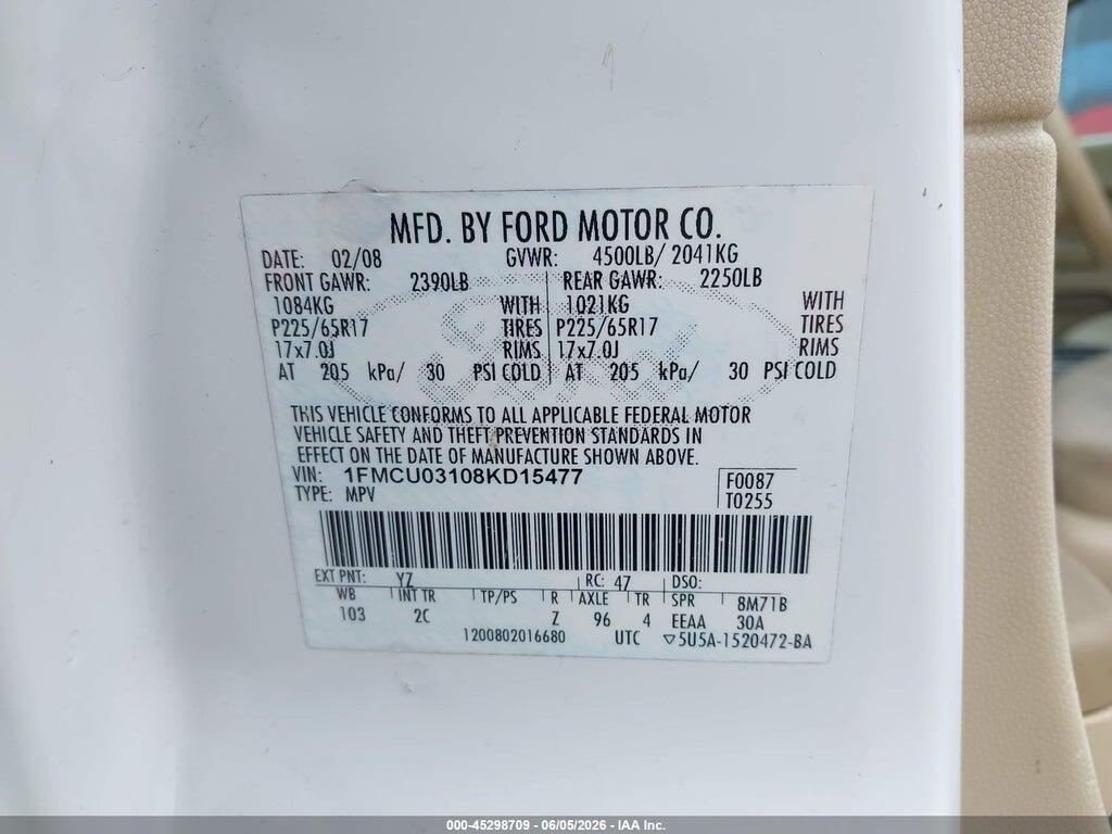 1FMCU03108KD15477 2008 FORD ESCAPE photo no. 9