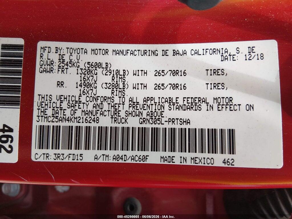 3TMCZ5AN4KM216248 2019 TOYOTA TACOMA photo no. 9