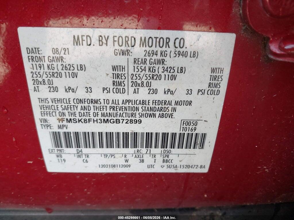1FMSK8FH3MGB72899 2021 FORD EXPLORER photo no. 9