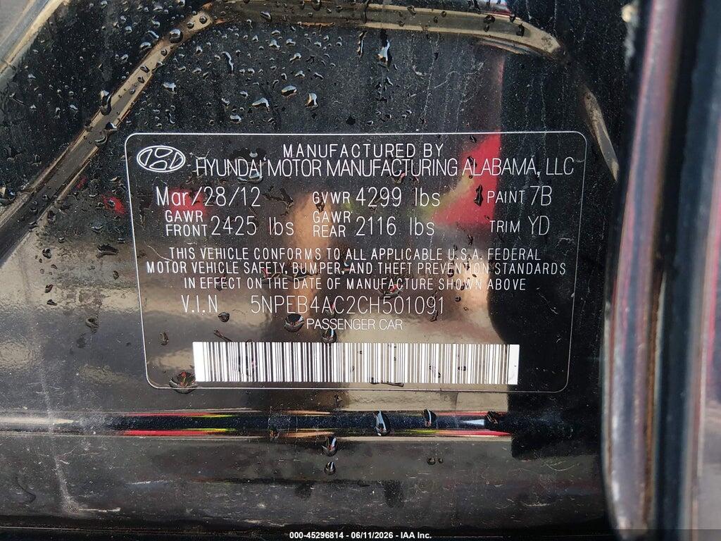5NPEB4AC2CH501091 2012 HYUNDAI SONATA photo no. 9