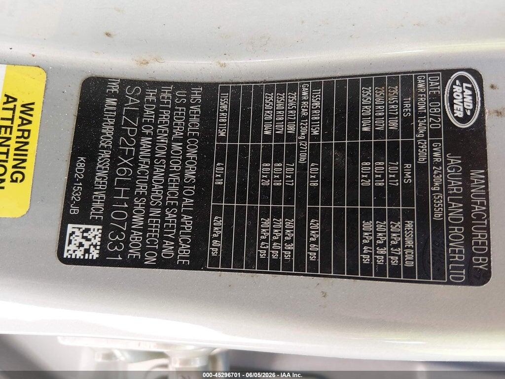 SALZP2FX6LH107331 2020 LAND ROVER RANGE ROVER EVOQUE photo no. 9