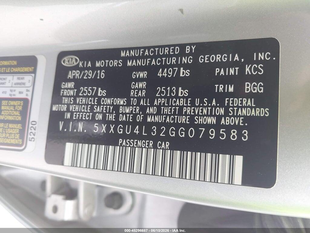 5XXGU4L32GG079583 2016 KIA OPTIMA photo no. 9