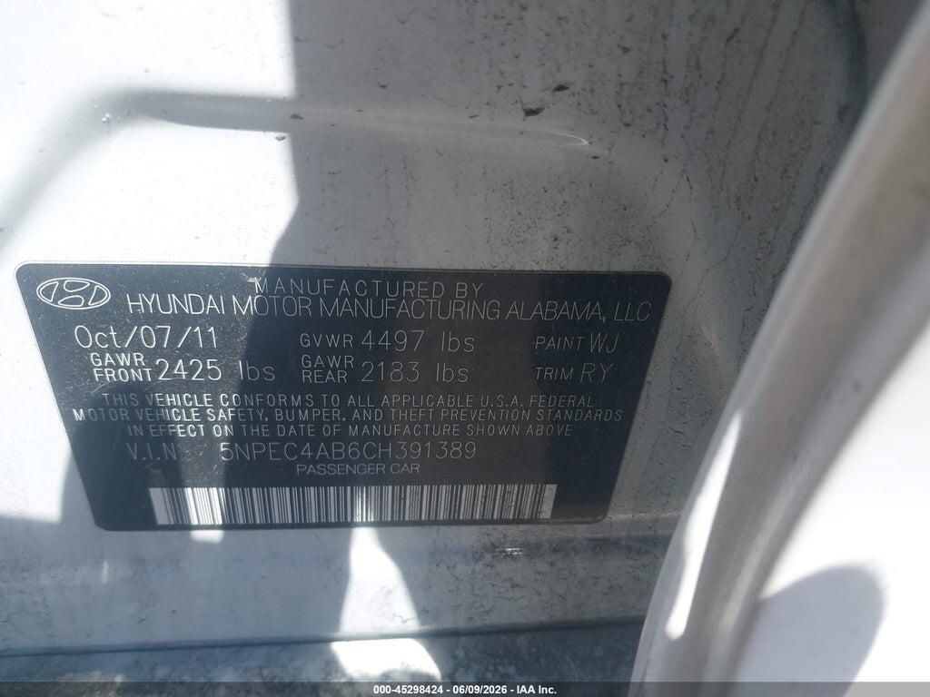 5NPEC4AB6CH391389 2012 HYUNDAI SONATA photo no. 9