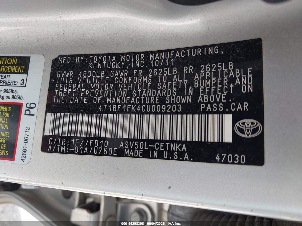 4T1BF1FK4CU009203 2012 TOYOTA CAMRY photo no. 9