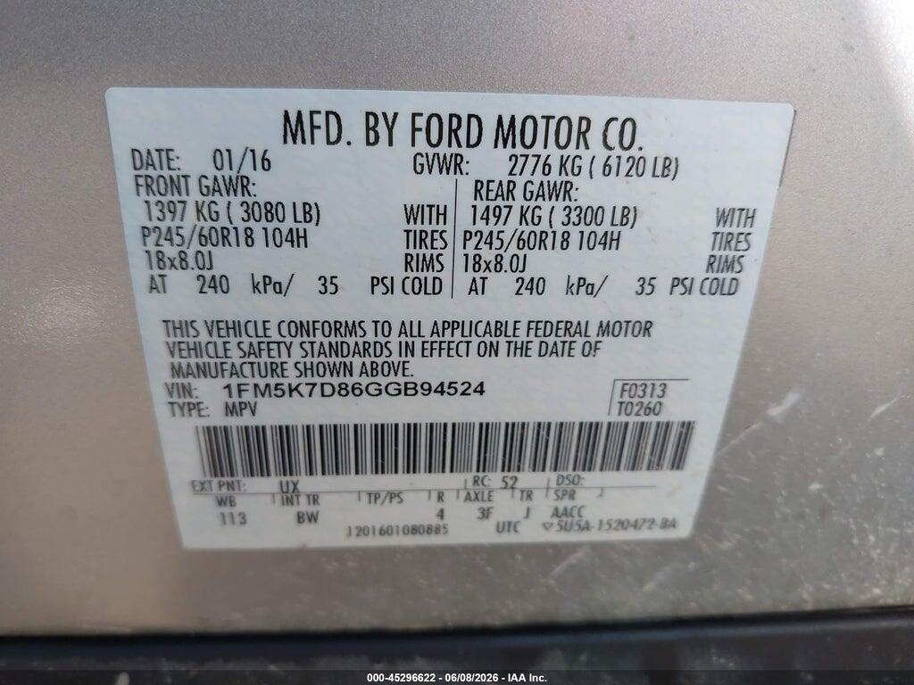 1FM5K7D86GGB94524 2016 FORD EXPLORER photo no. 9