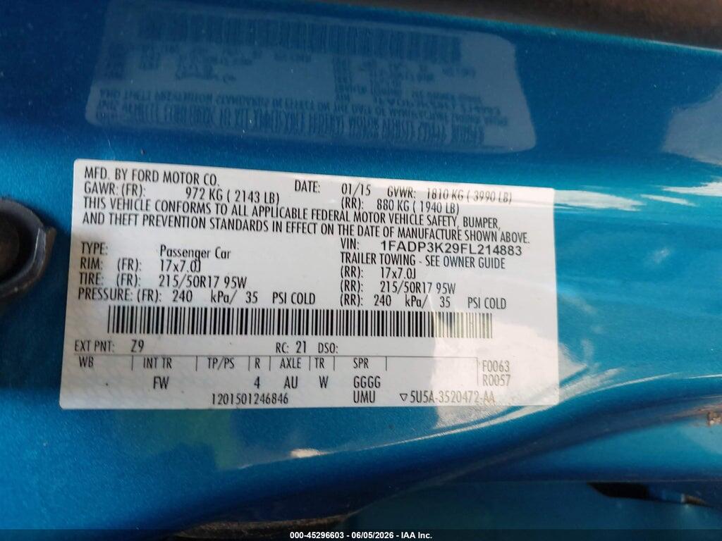 1FADP3K29FL214883 2015 FORD FOCUS photo no. 9
