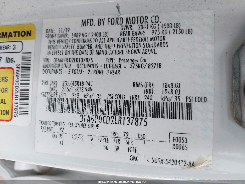 3FA6P0CD2LR137875 2020 FORD FUSION photo no. 9