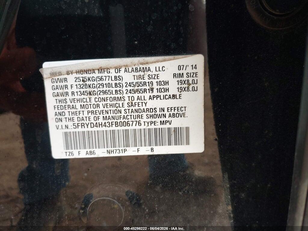 5FRYD4H43FB006776 2015 ACURA MDX photo no. 9