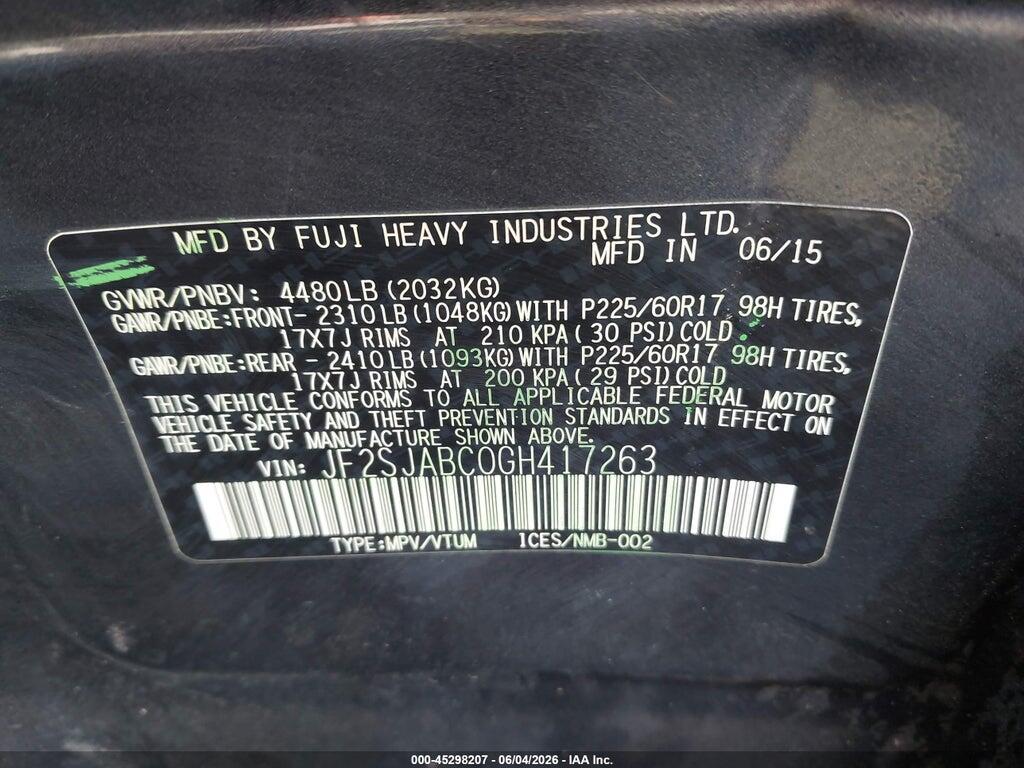 JF2SJABC0GH417263 2016 SUBARU FORESTER photo no. 9
