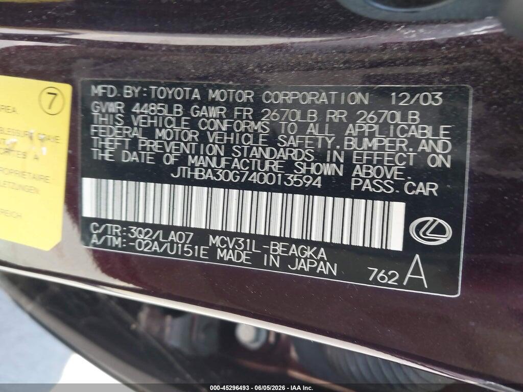 JTHBA30G740013594 2004 LEXUS ES 330 photo no. 9