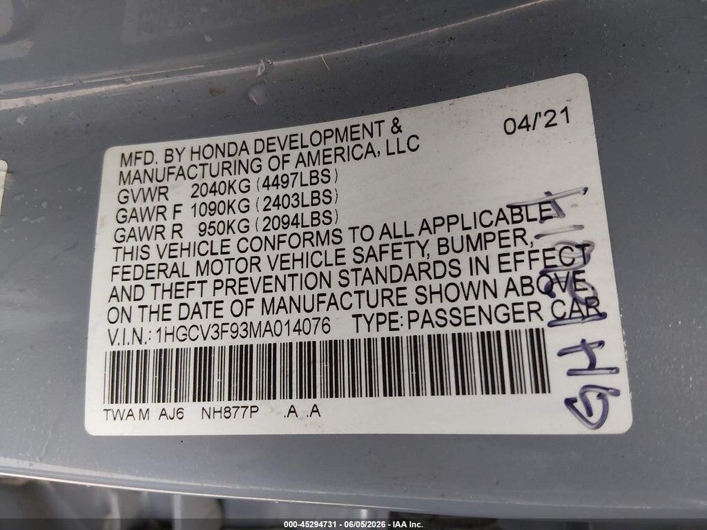 1HGCV3F93MA014076 2021 HONDA ACCORD HYBRID photo no. 9