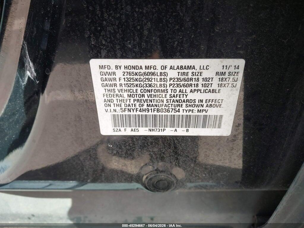 5FNYF4H91FB036754 2015 HONDA PILOT photo no. 9