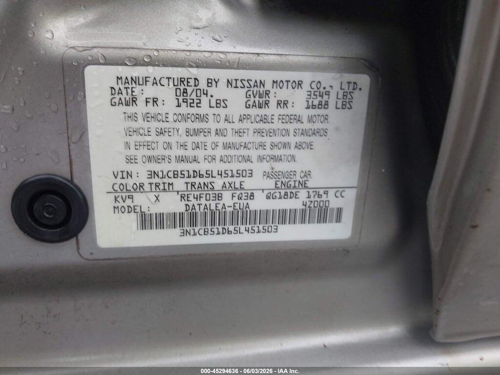 3N1CB51D65L451503 2005 NISSAN SENTRA photo no. 9