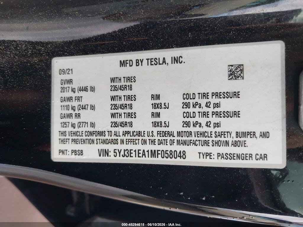 5YJ3E1EA1MF058048 2021 TESLA MODEL 3 photo no. 9