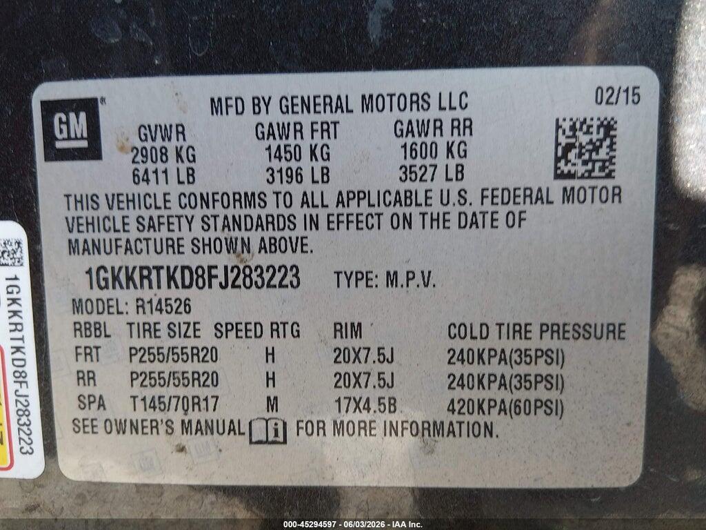 1GKKRTKD8FJ283223 2015 GMC ACADIA photo no. 9