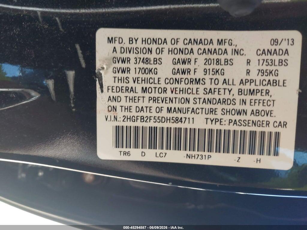 2HGFB2F55DH584711 2013 HONDA CIVIC photo no. 9