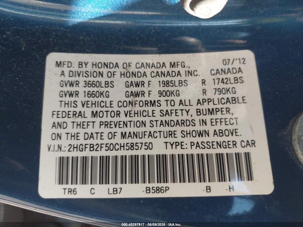 2HGFB2F50CH585750 2012 HONDA CIVIC photo no. 9