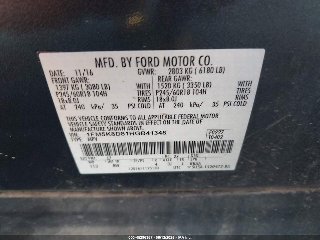 1FM5K8D81HGB41348 2017 FORD EXPLORER photo no. 9