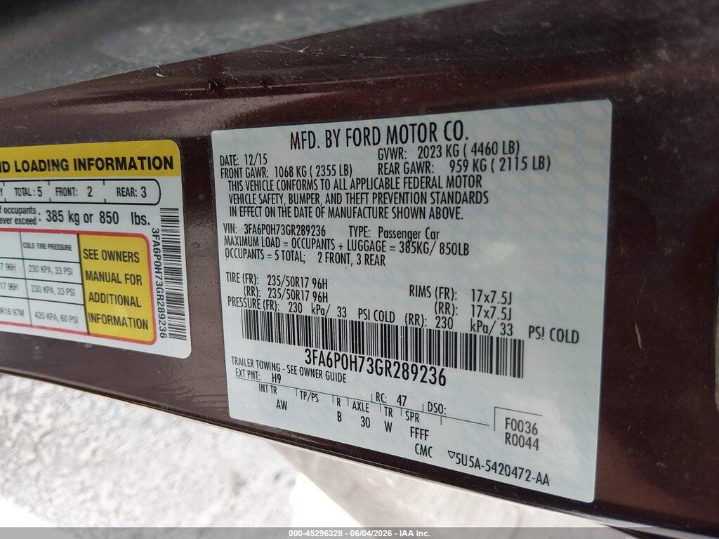 3FA6P0H73GR289236 2016 FORD FUSION photo no. 9
