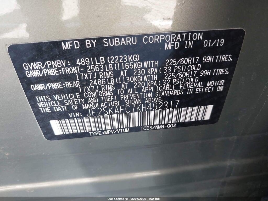 JF2SKAEC7KH492317 2019 SUBARU FORESTER photo no. 9