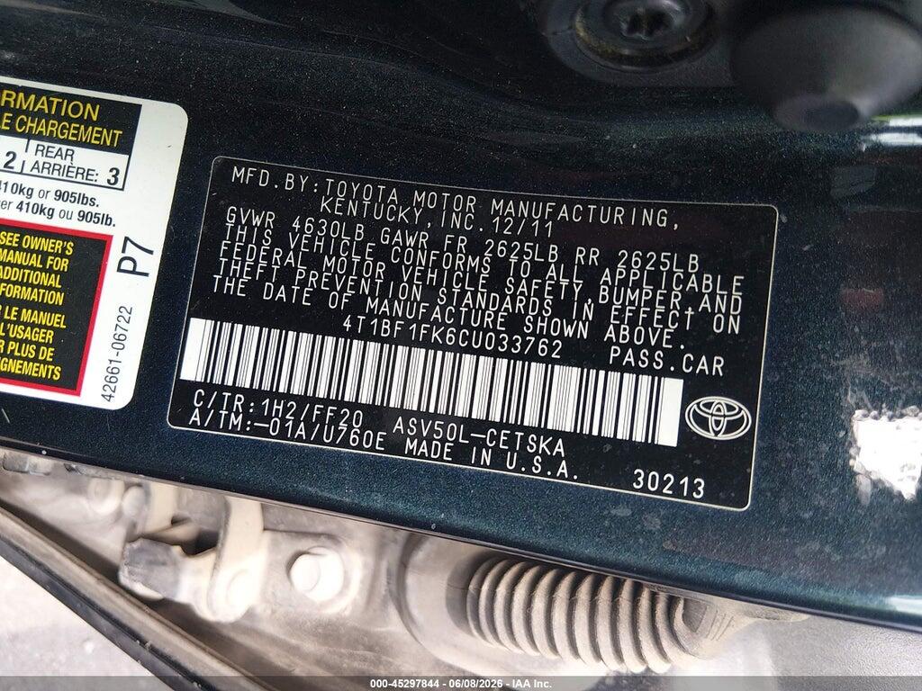 4T1BF1FK6CU033762 2012 TOYOTA CAMRY photo no. 9