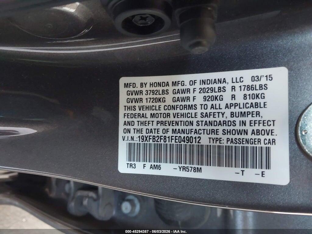 19XFB2F81FE049012 2015 HONDA CIVIC photo no. 9