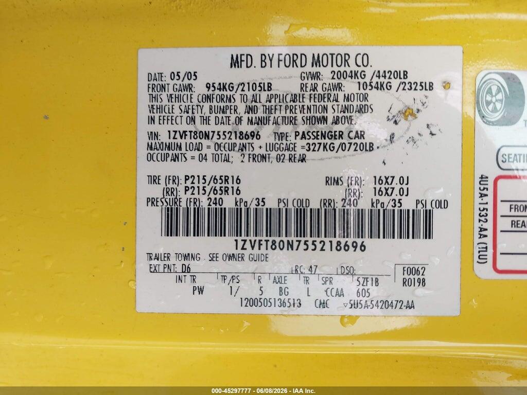 1ZVFT80N755218696 2005 FORD MUSTANG photo no. 9