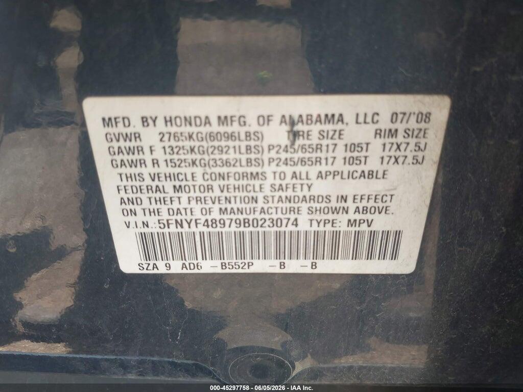 5FNYF48979B023074 2009 HONDA PILOT photo no. 9