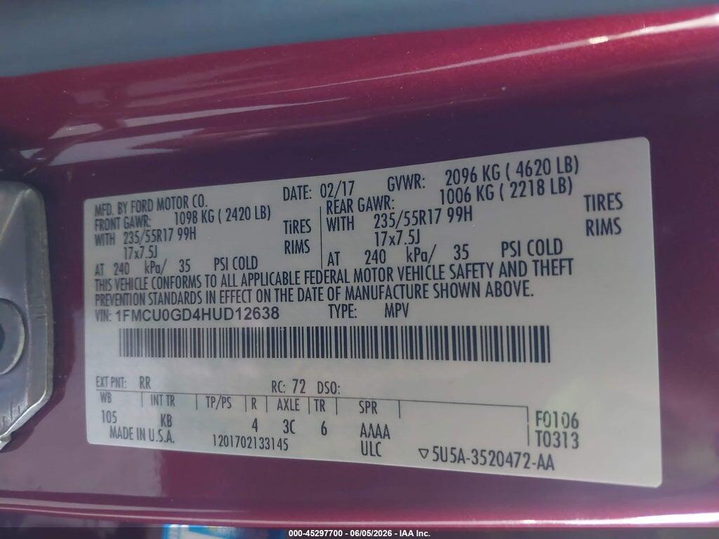 1FMCU0GD4HUD12638 2017 FORD ESCAPE photo no. 9