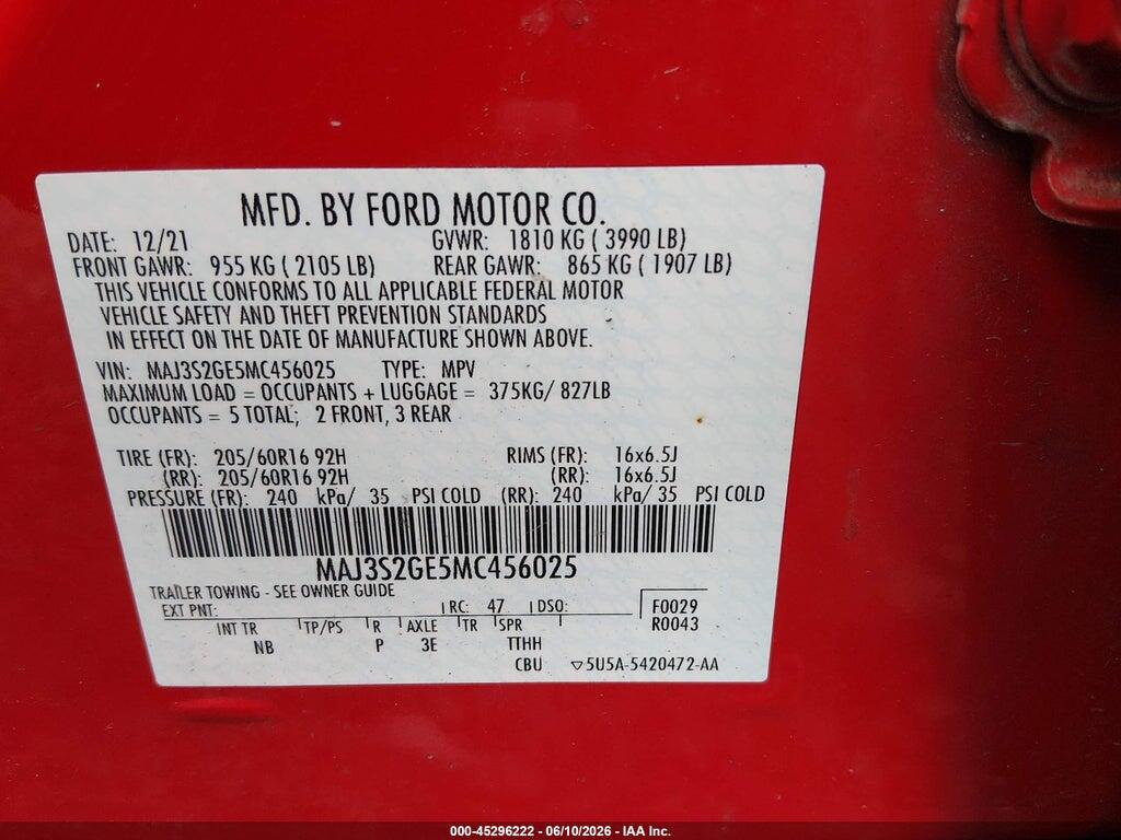 MAJ3S2GE5MC456025 2021 FORD ECOSPORT photo no. 9