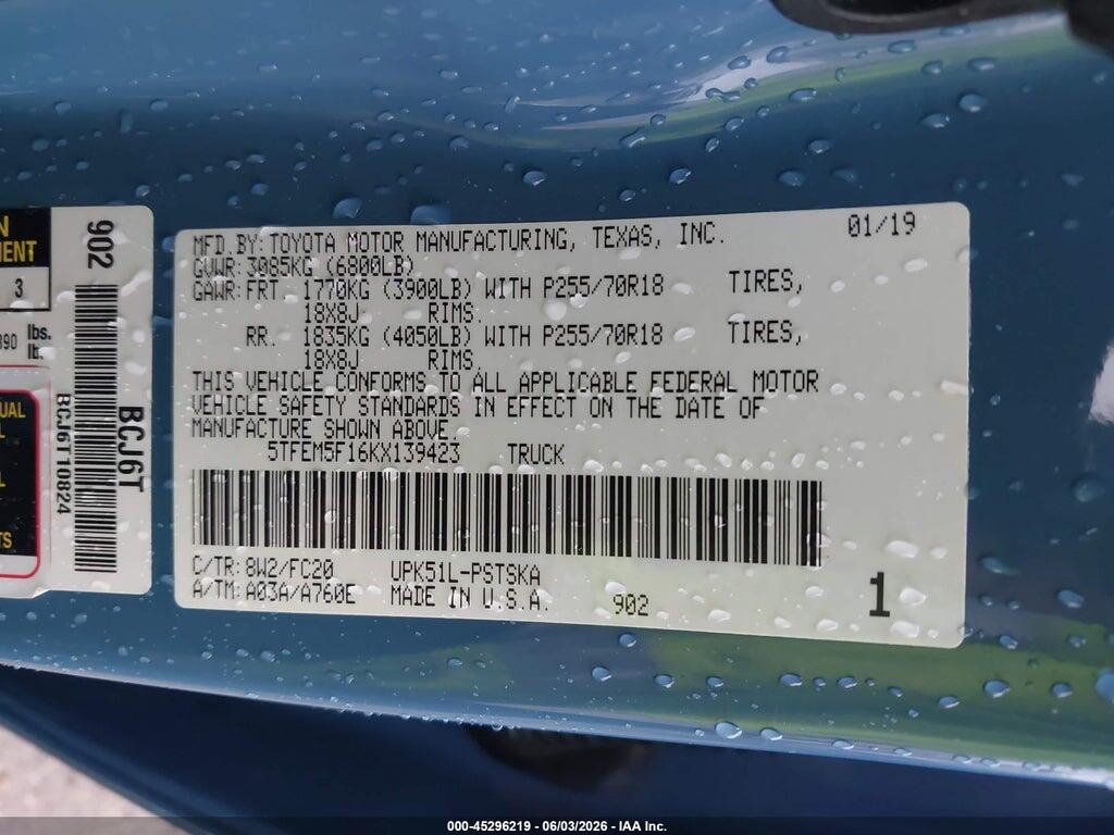5TFEM5F16KX139423 2019 TOYOTA TUNDRA photo no. 9