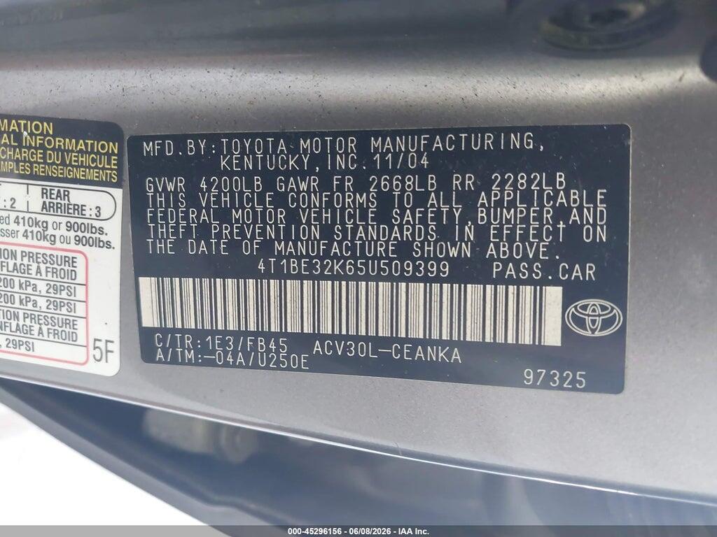 4T1BE32K65U509399 2005 TOYOTA CAMRY photo no. 9