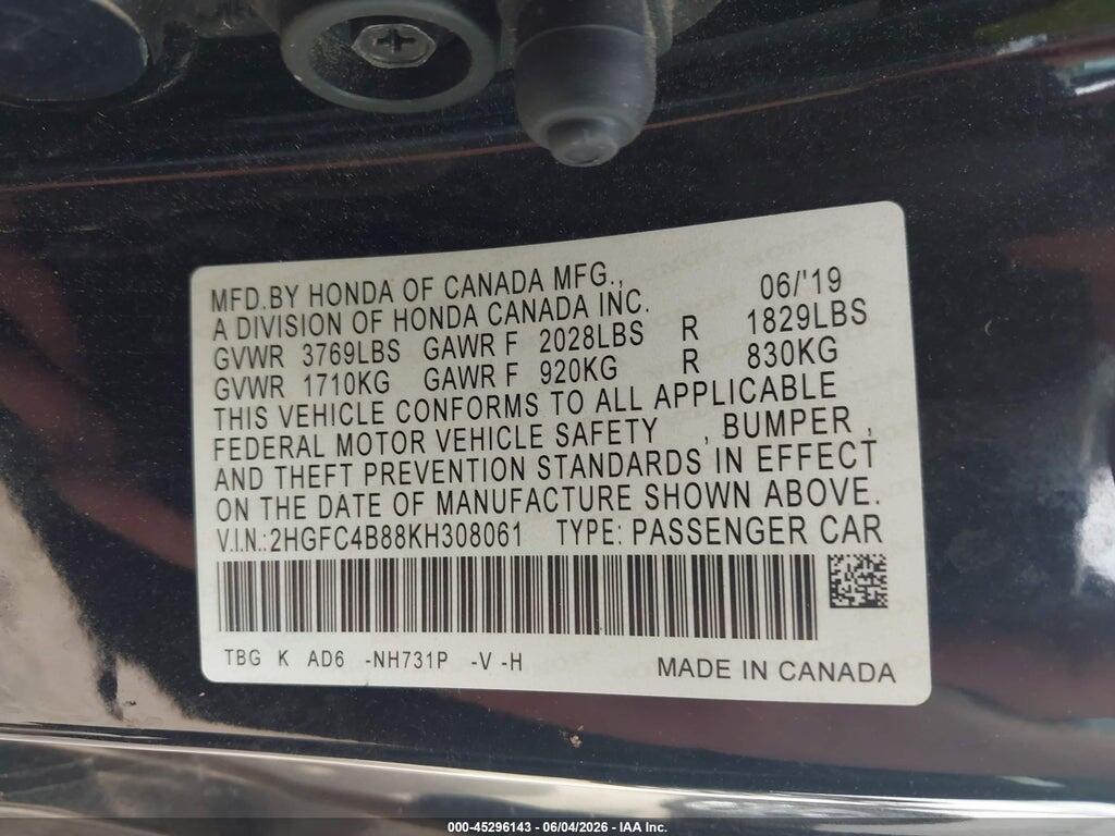 2HGFC4B88KH308061 2019 HONDA CIVIC photo no. 9