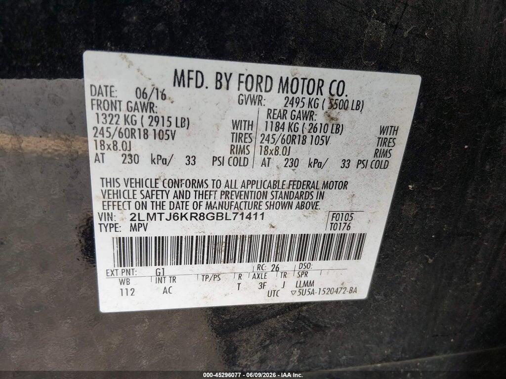 2LMTJ6KR8GBL71411 2016 LINCOLN MKX photo no. 9