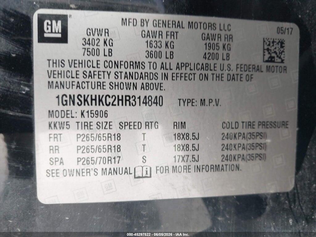 1GNSKHKC2HR314840 2017 CHEVROLET SUBURBAN photo no. 9